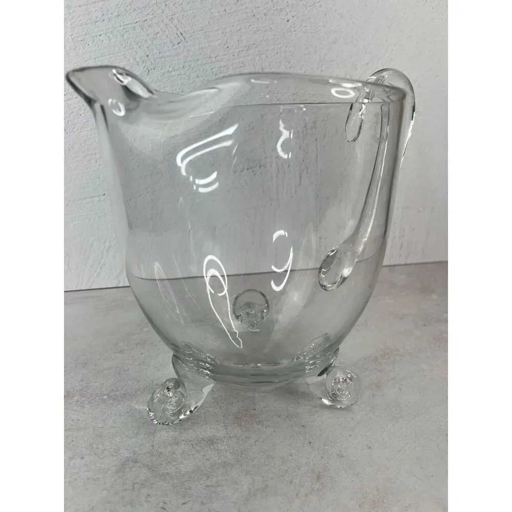 Vintage Blown Clear Glass Pitcher With‎ Three Legs & Handle Unique MCM Diffrent